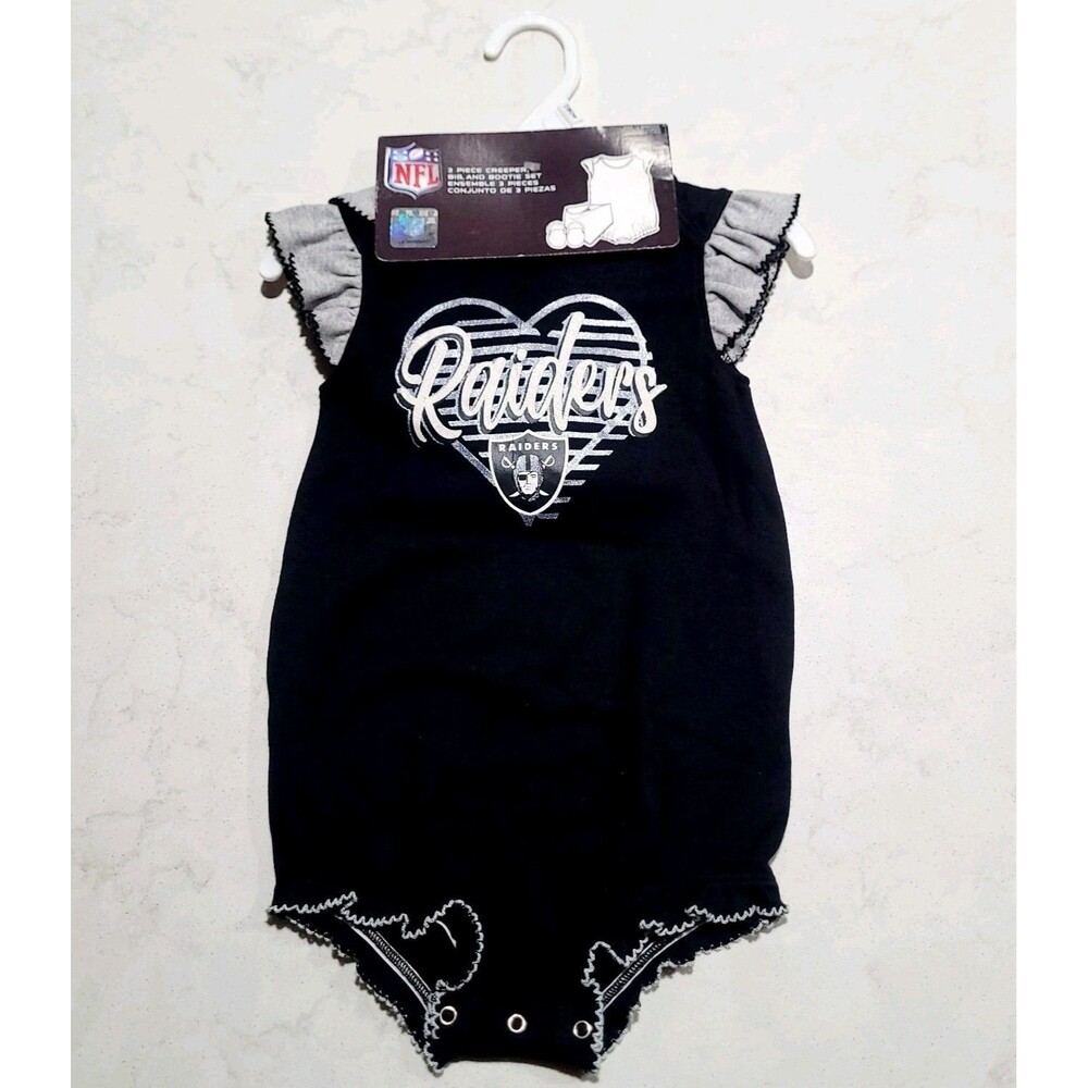 NFL Official Raiders 3 Piece Bodysuit Creeper Bib & Bootie Set Size 12M NEW LV